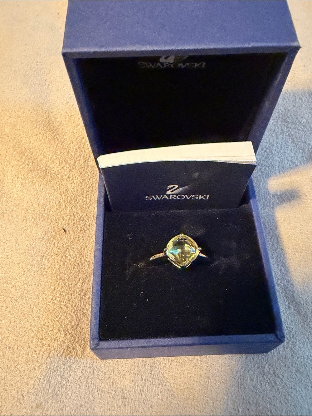 Swarovski Gold Ring with Yellow-Green Cushion Crystal